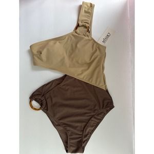 Amazon One-Shoulder Two-Tone One-Piece Swimsuit in Beige and Brown